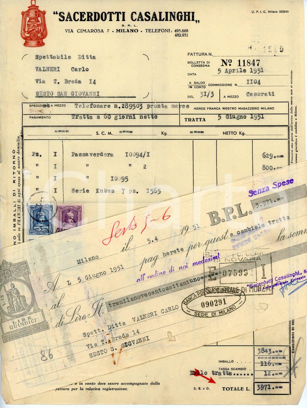 Documento originale, autentico 1951 MILANO Via Cimarosa 7 Casalinghi SACERDOTTI Fattura con cambiale 3 1