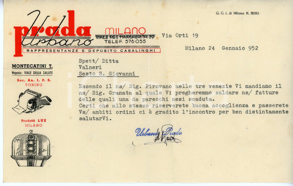 Documento originale, autentico 1952 MILANO Via Orti 19 Deposito casalinghi Urbano PRADA Lettera commerciale 1