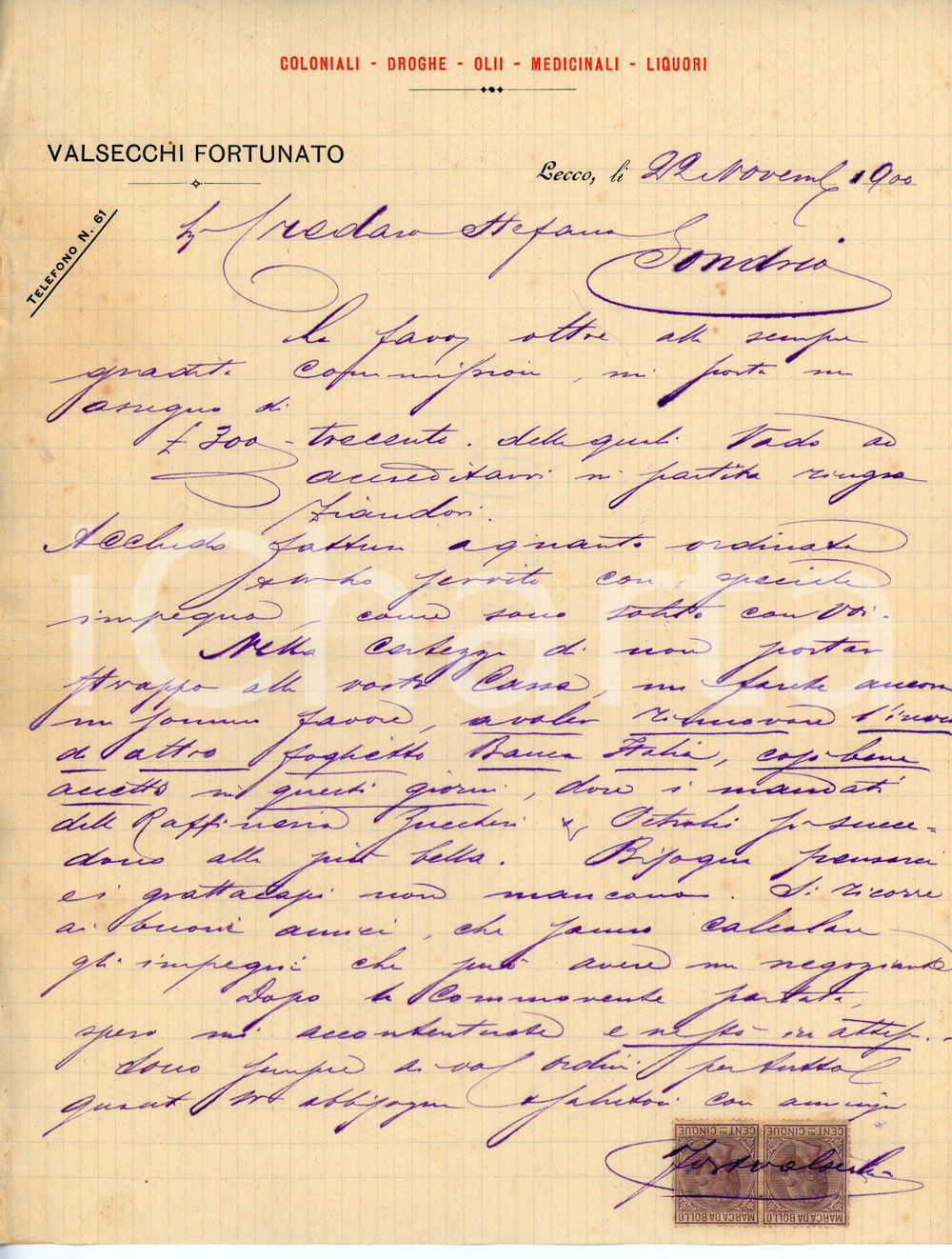 Documento originale, autentico 1900 LECCO Coloniali e liquori Fortunato VALSECCHI Lettera commerciale 1