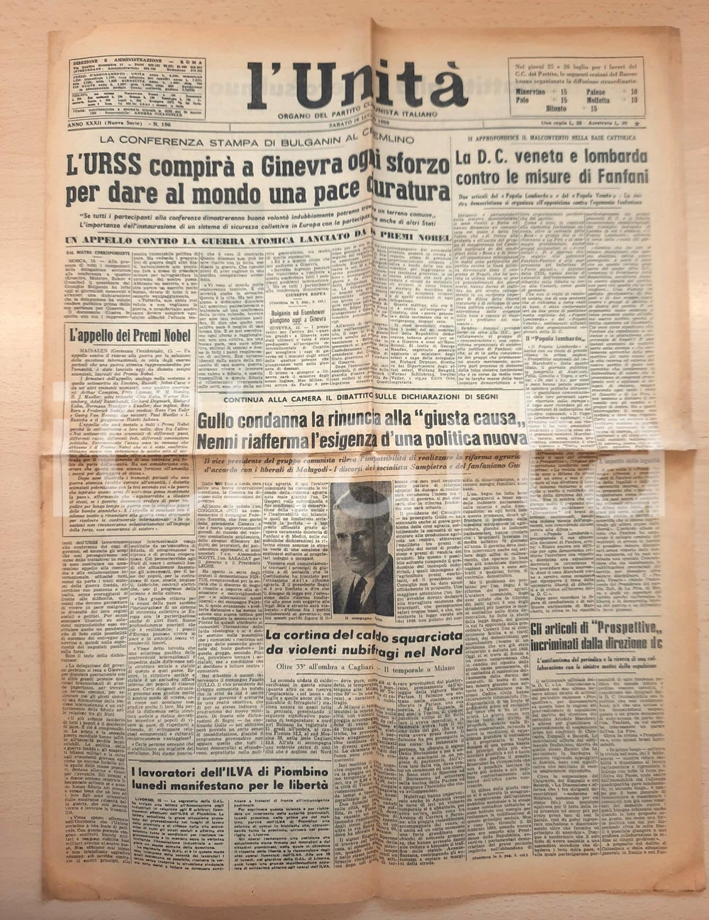 Giornale, rivista storica 1955 L UNITA  Bulganin a Ginevra per una pace duratura Giornale 1