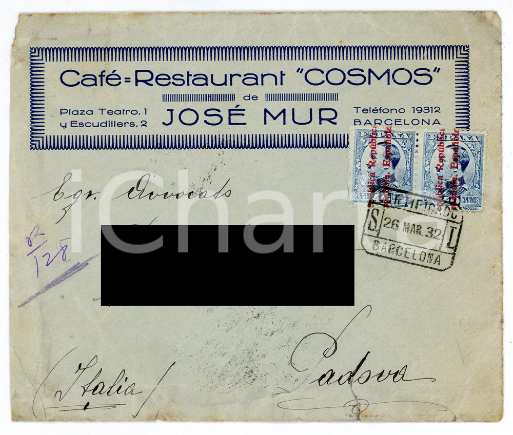 Oggetto da collezione cartaceo 1932 BARCELONA Café restaurant COSMOS de José MUR Sobre postal 15x12 cm 1