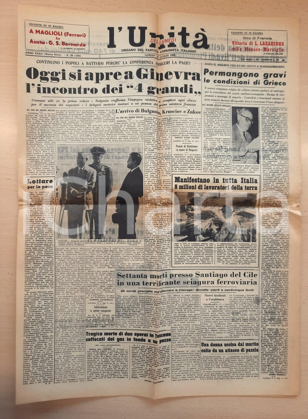 Giornale, rivista storica 1955 L UNITA  I 4 grandi a Ginevra  Infarto Ruggero GRIECO a Massalombarda 1