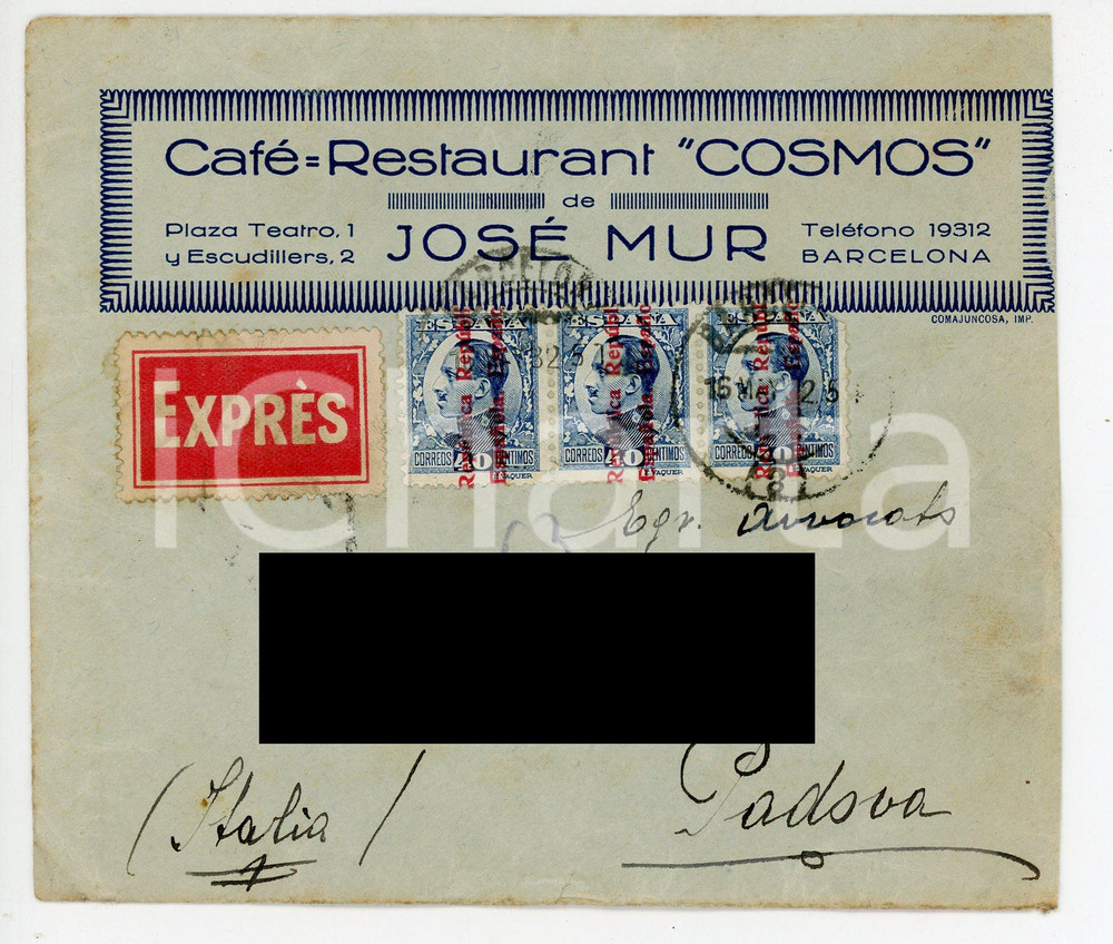 Oggetto da collezione cartaceo 1932 BARCELONA Café restaurant COSMOS de José MUR Sobre postal EXPRES 15x12 cm 1