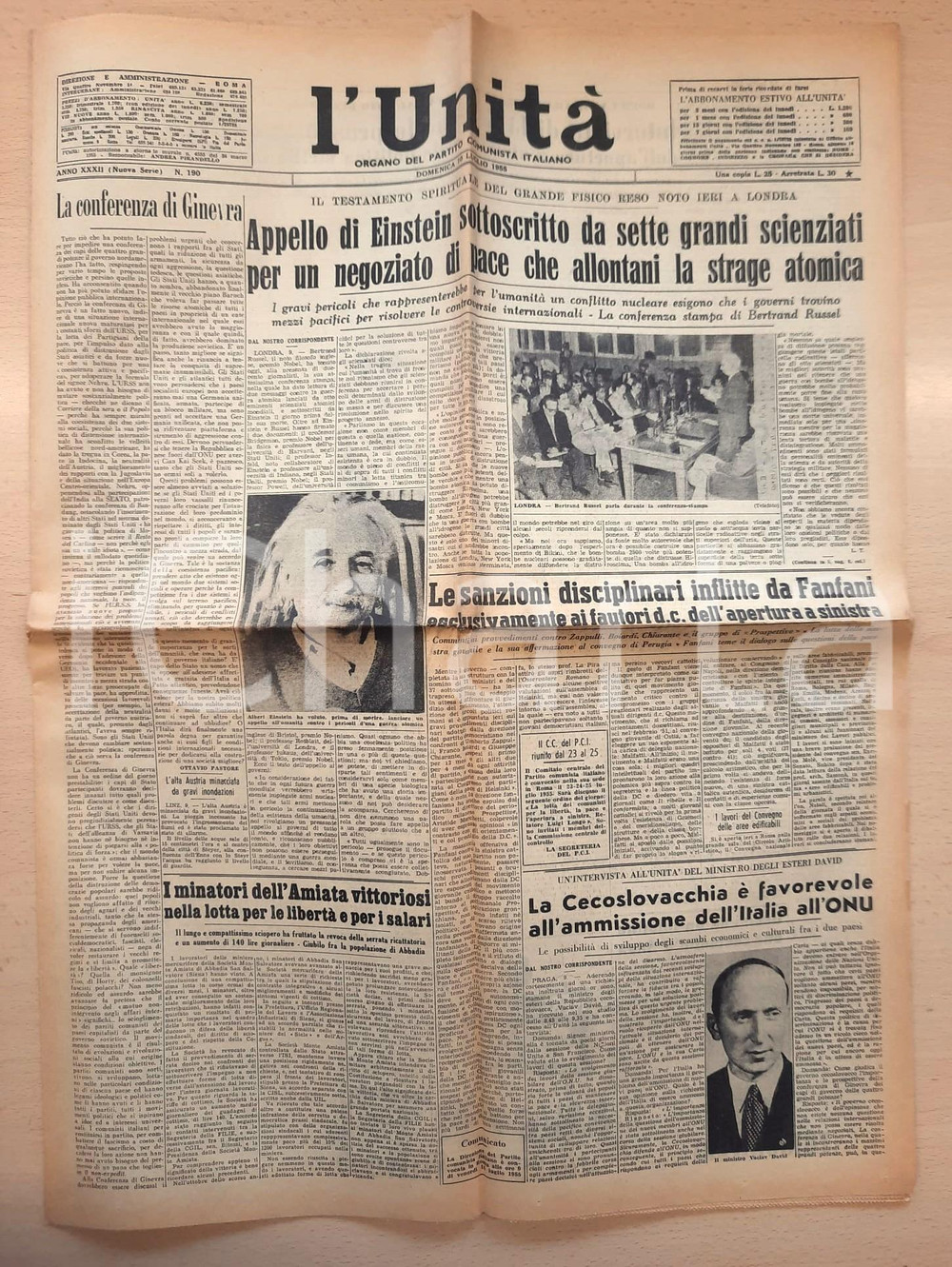 Giornale, rivista storica 1955 L UNITA  Testamento di Einstein contro la guerra atomica  Minatori Amiata 1