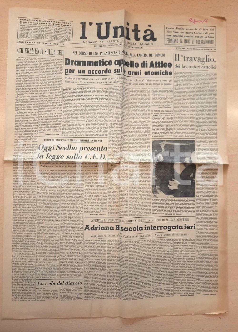 Giornale, rivista storica 1954 L UNITA  Attlee cerca accordo su armi atomiche  Interrogatori caso Montesi 1