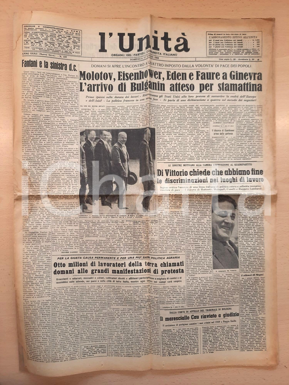 Giornale, rivista storica 1955 L UNITA  Molotov, Eisenhower, Eden e Faure a Ginevra  Sciopero contadini 1