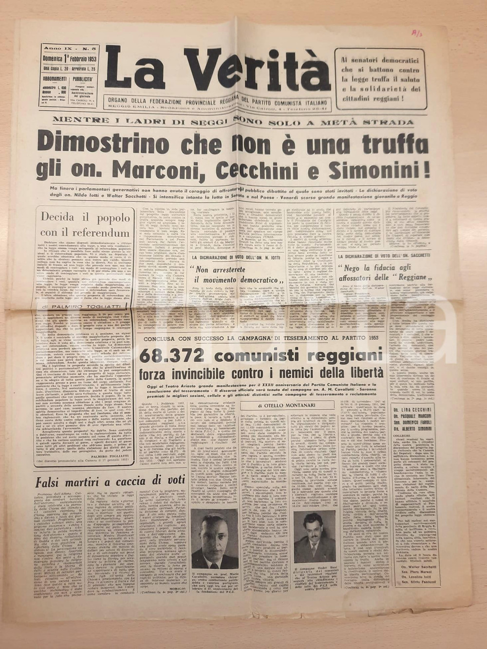Giornale, rivista storica 1953 LA VERITÀ Operai attori del G.A.D. Abrosini Iotti contro la legge truffa 1