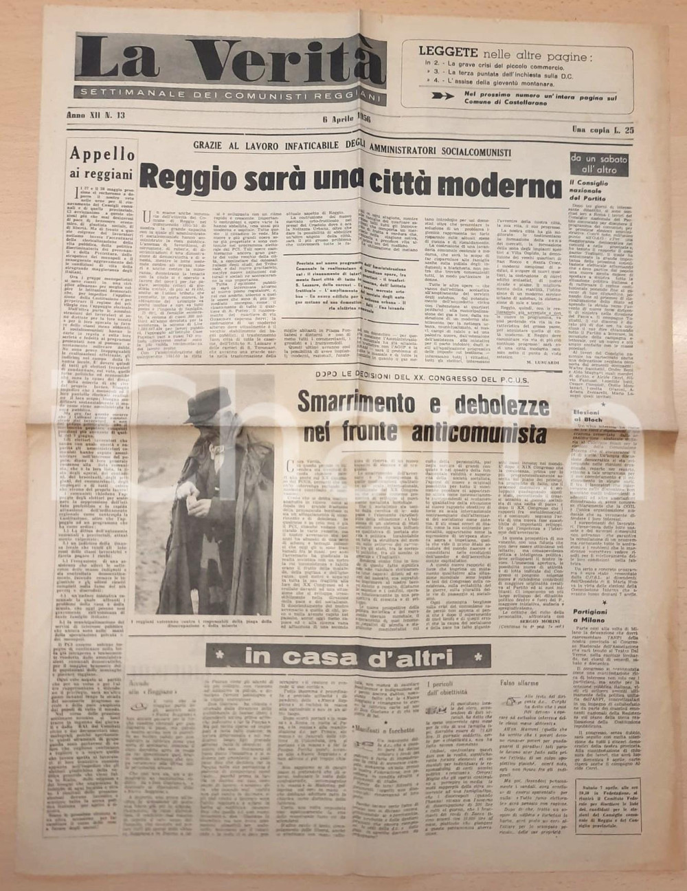 Giornale, rivista storica 1956 LA VERITÀ Reggio Emilia sarà moderna  Curia reggiana e massoneria GIORNALE 1