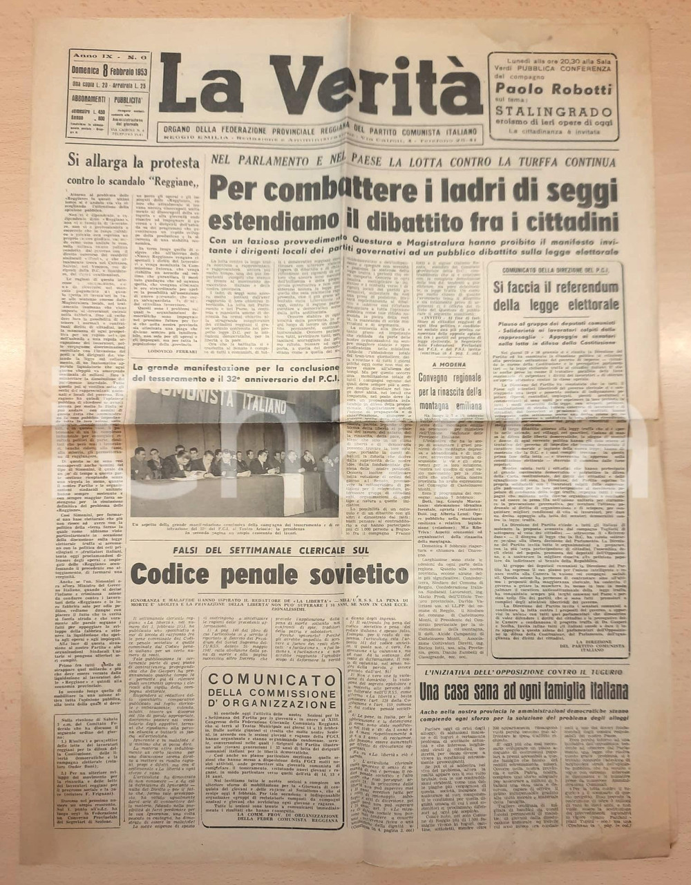 Giornale, rivista storica 1953 LA VERITÀ Mostra di Tono ZANCANARO  Scandalo delle Reggiane Giornale 1