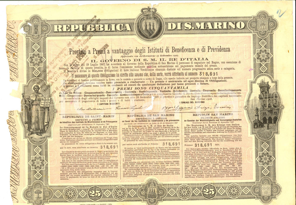 Oggetto da collezione cartaceo 1908 REPUBBLICA DI SAN MARINO Prestito a premi istit. beneficenza OBBLIGAZIONE 1