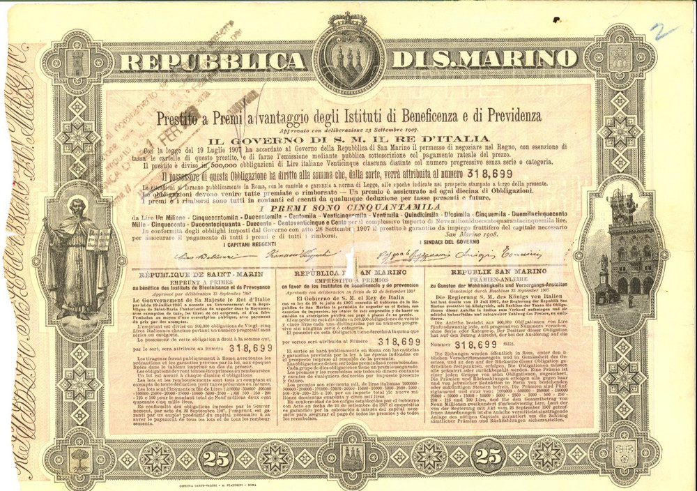 Oggetto da collezione cartaceo 1908 REPUBBLICA DI SAN MARINO Prestito a premi istituti beneficenza OBBLIGAZIONE 1
