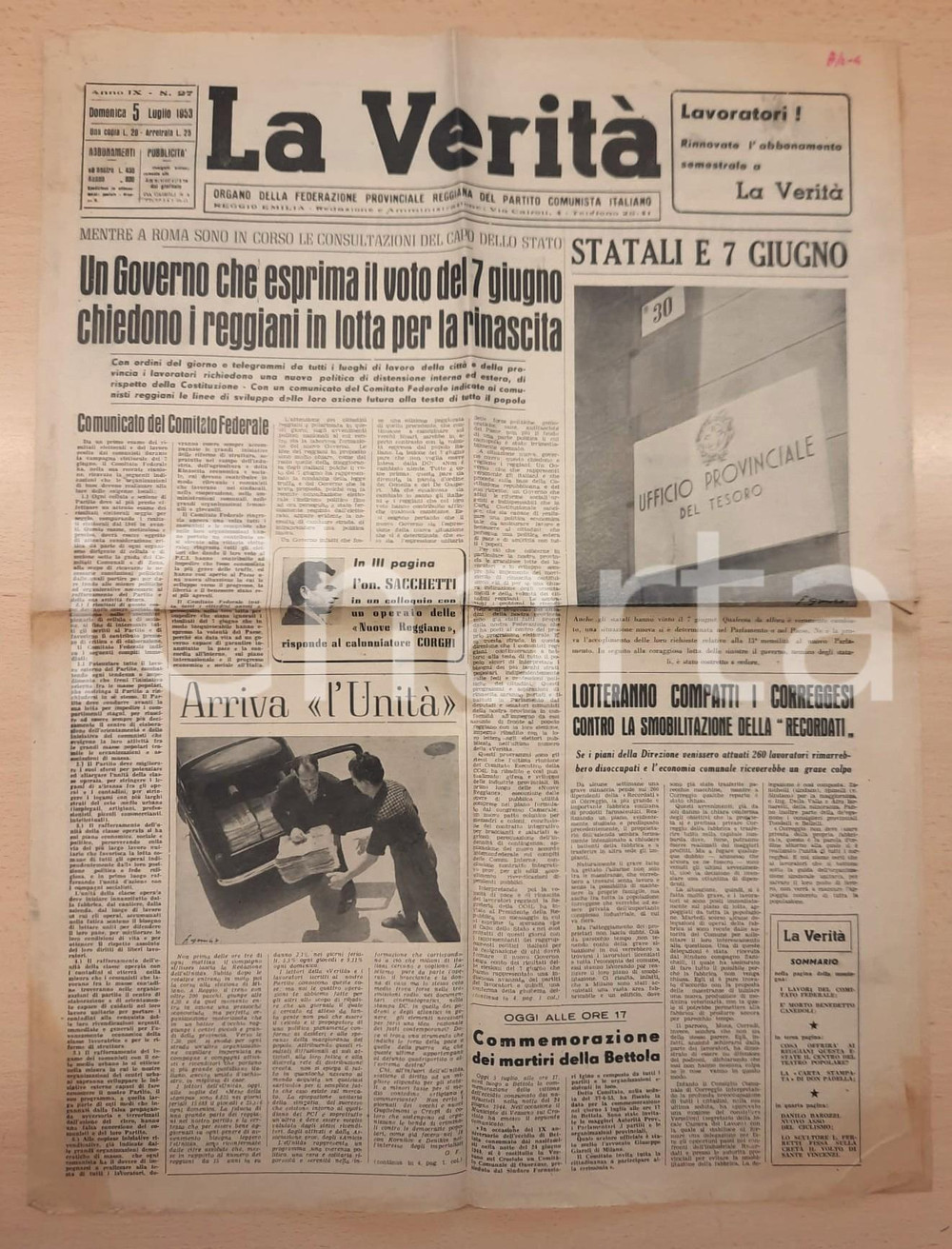 Giornale, rivista storica 1953 REGGIO EMILIA  LA VERITÀ  Correggio contro smobilitazione RECORDATI 1
