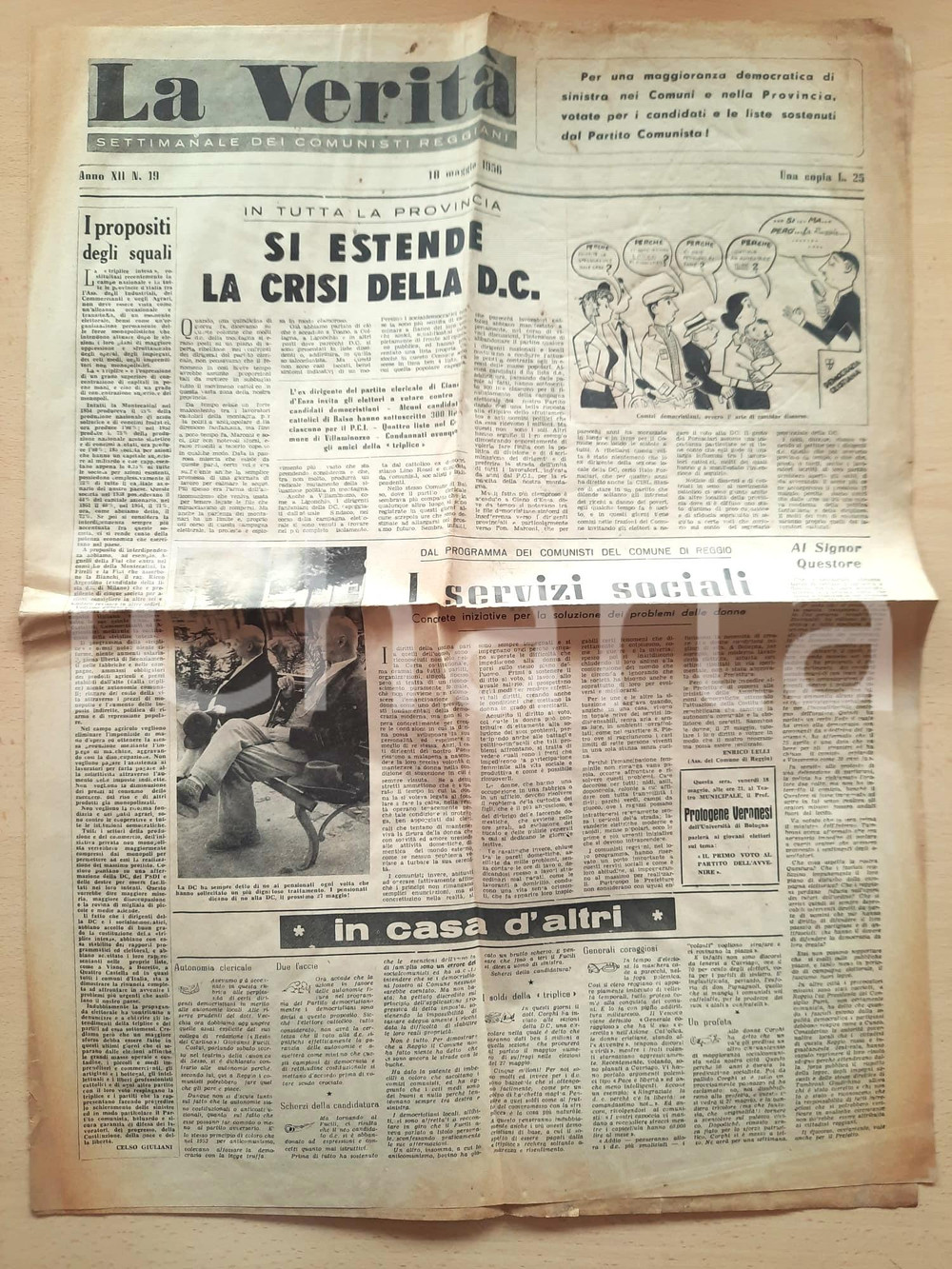 Giornale, rivista storica 1956 REGGIO EMILIA  LA VERITÀ  LIGONCHIO male amministrata dalla DC Giornale 1