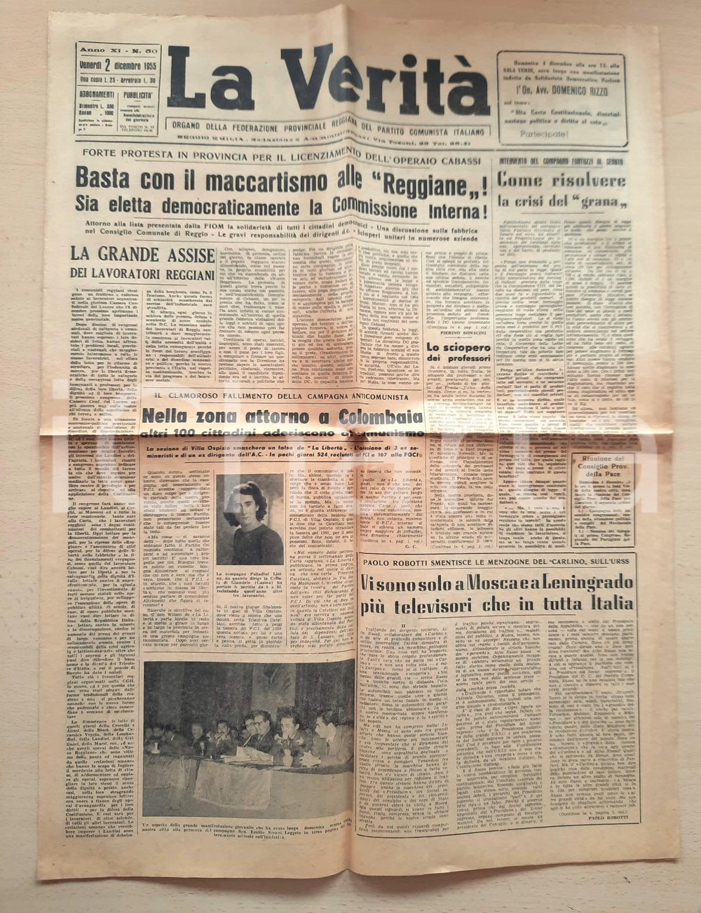 Giornale, rivista storica 1955 LA VERITÀ Protesta per licenziamento operaio CABASSI  COLOMBAIA al PCI 1