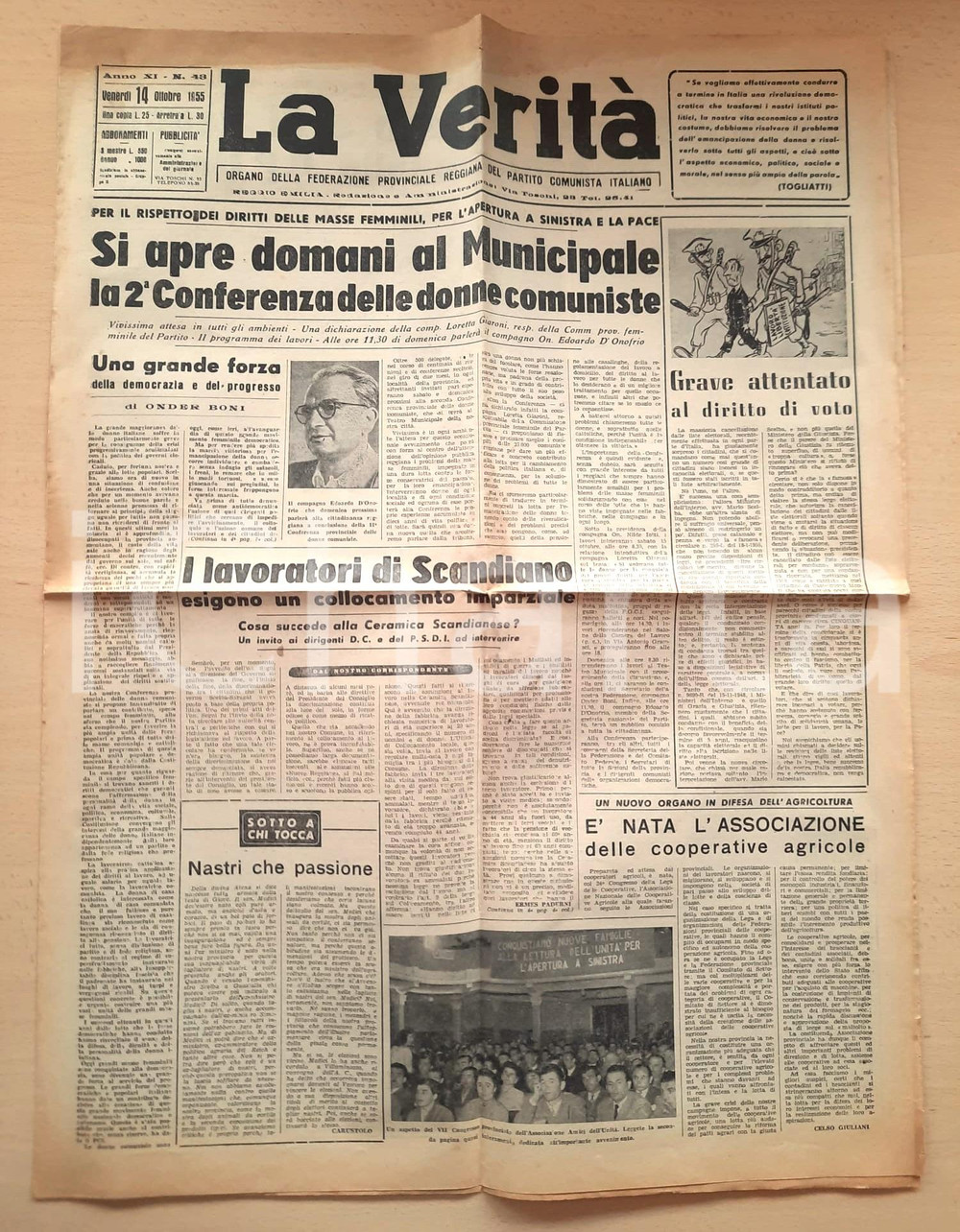 Giornale, rivista storica 1955 LA VERITÀ Discriminazioni Ceramica Scandianese  Conferenza Donne Comuniste 1