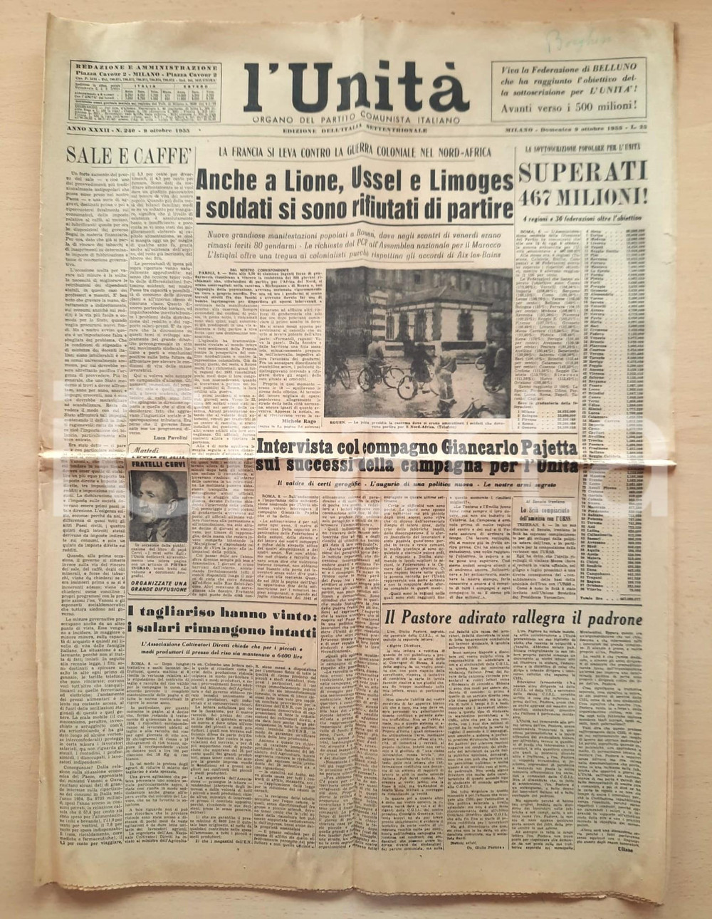 Giornale, rivista storica 1955 L UNITA  La Francia contro la guerra coloniale  Intervista a PAJETTA 1
