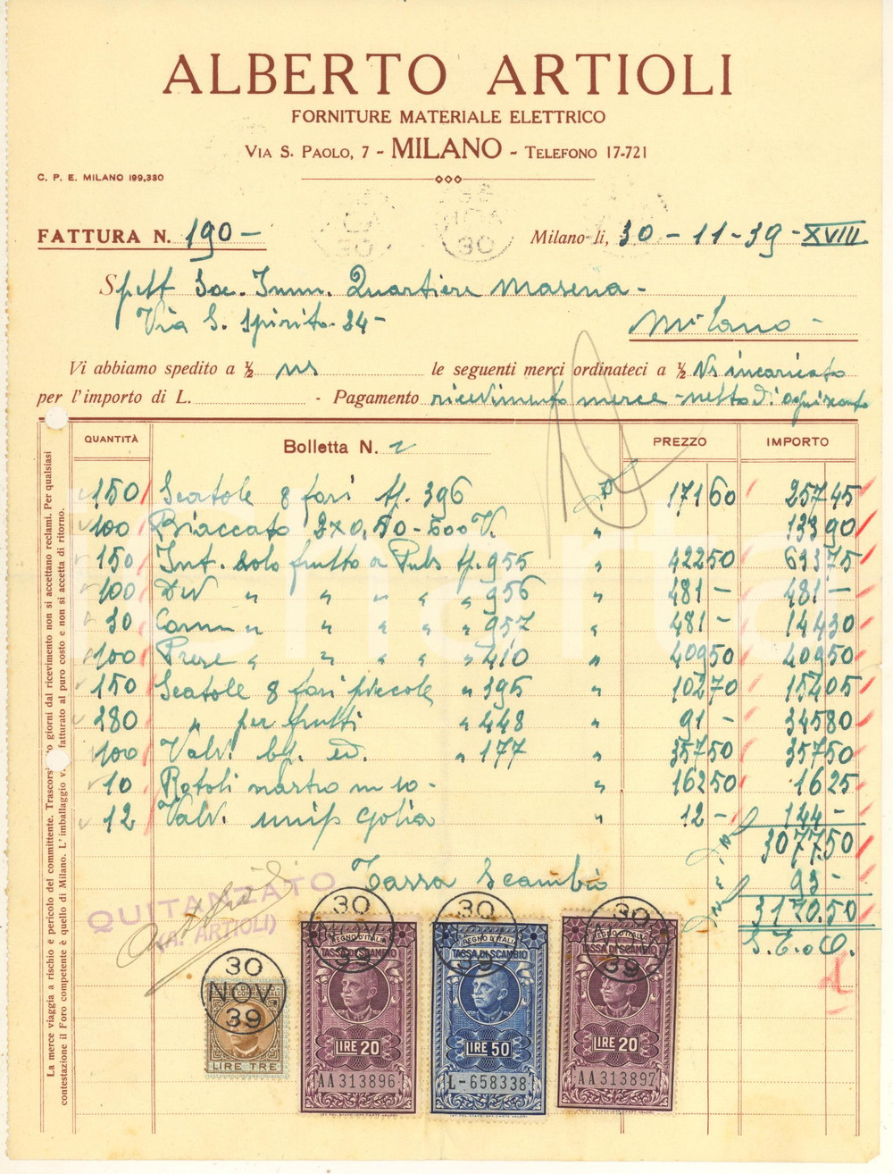 Documento originale, autentico 1939 MILANO Via S. Paolo 7  Alberto ARTIOLI materiale elettrico Fattura 1
