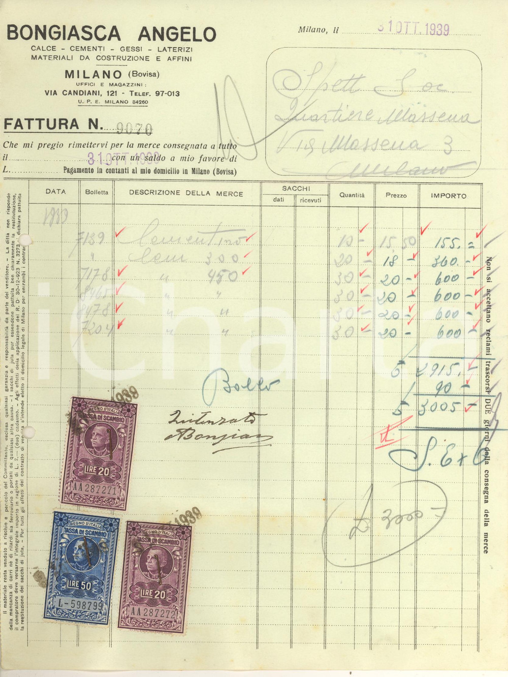 Documento originale, autentico 1939 MILANO BOVISA Via Candiani 121  Angelo BONGIASCA cementi Fattura 1