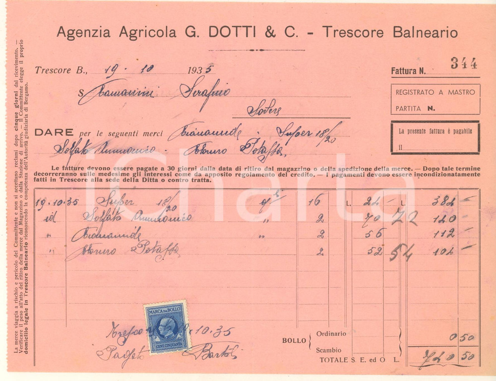 Documento originale, autentico 1935 TRESCORE BALNEARIO Agenzia Agricola G. DOTTI  Fattura solfato 1