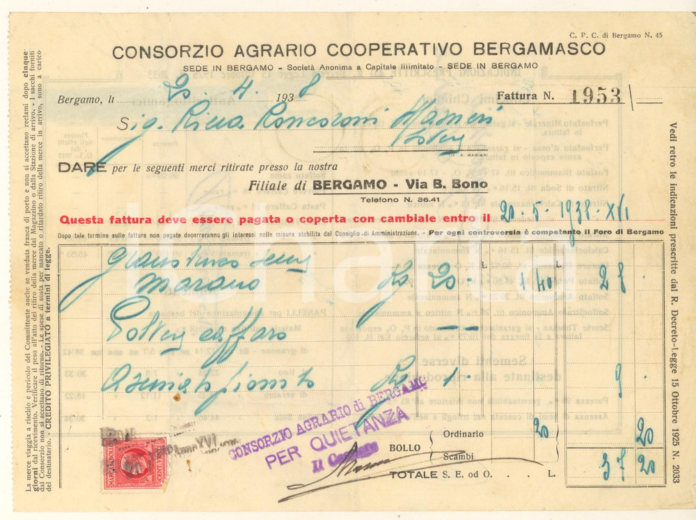 Documento originale, autentico 1938 BERGAMO Consorzio Agrario Cooperativo Bergamasco  Fattura sementi 1