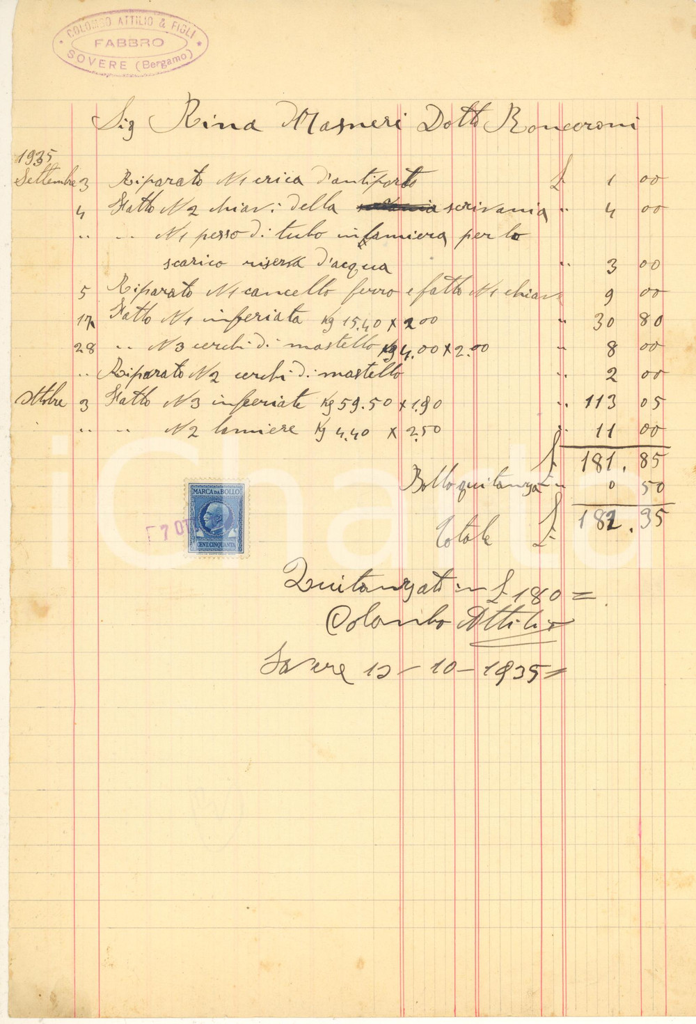 Documento originale, autentico 1935 SOVERE BG Attilio COLOMBO & Figli  Fabbro  Conto manoscritto 1