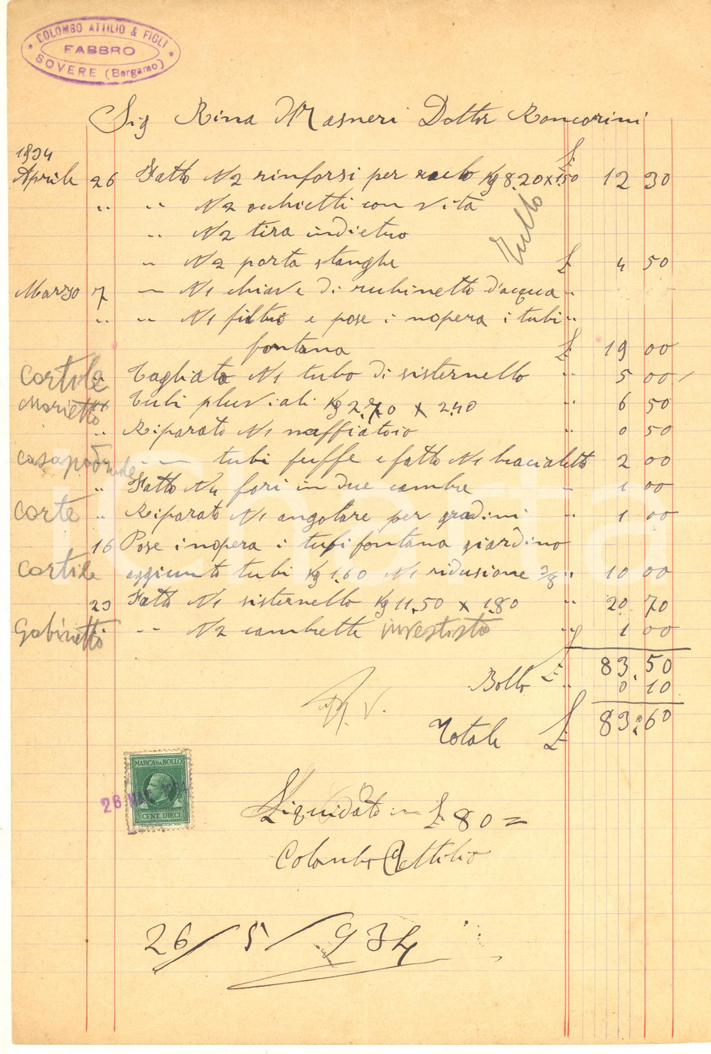 Documento originale, autentico 1934 SOVERE BG Attilio COLOMBO & Figli  Fabbro  Conto manoscritto 1