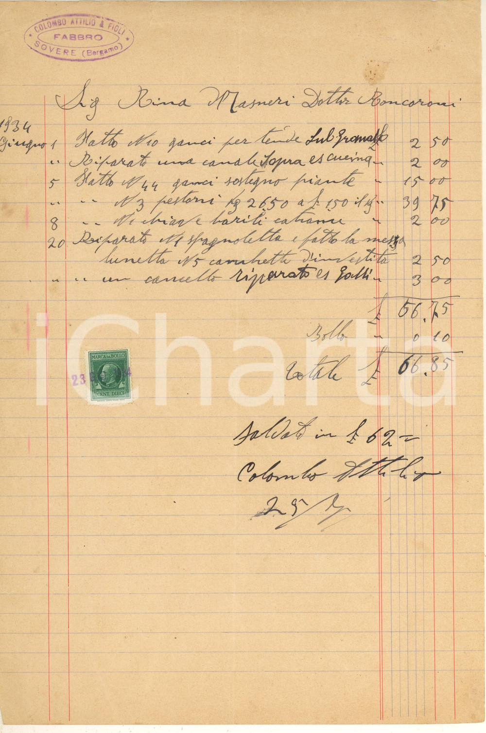 Documento originale, autentico 1934 SOVERE BG Attilio COLOMBO & Figli  Fabbro Conto manoscritto 1
