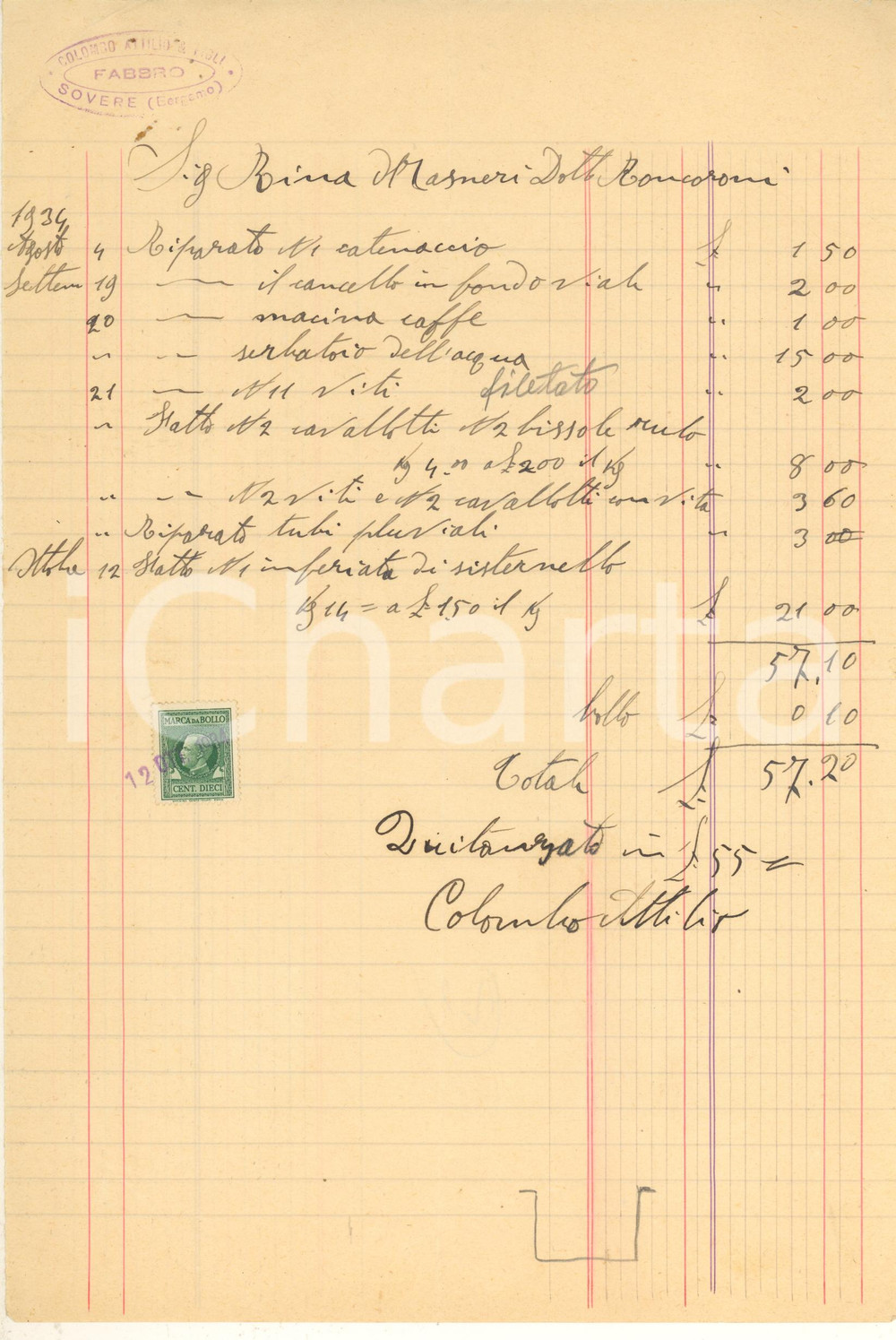 Documento originale, autentico 1934 SOVERE BG Attilio COLOMBO & Figli  Fabbro Conto manoscritto riparazioni 1