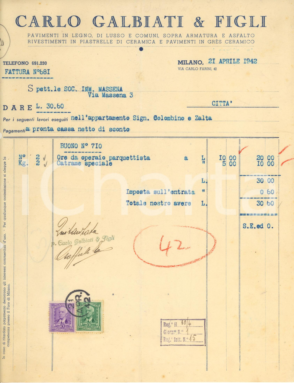 Documento originale, autentico 1942 MILANO Via Farini  Carlo GALBIATI & Figli  Pavimenti in legno Fattura 1