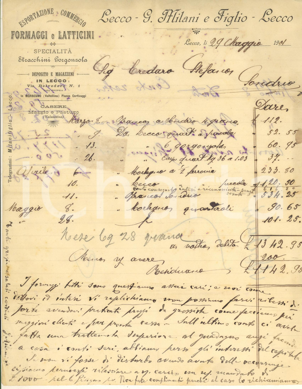 Documento originale, autentico 1901 LECCO  G. MILANI e Figlio  Commercio formaggi e latticini Fattura 1