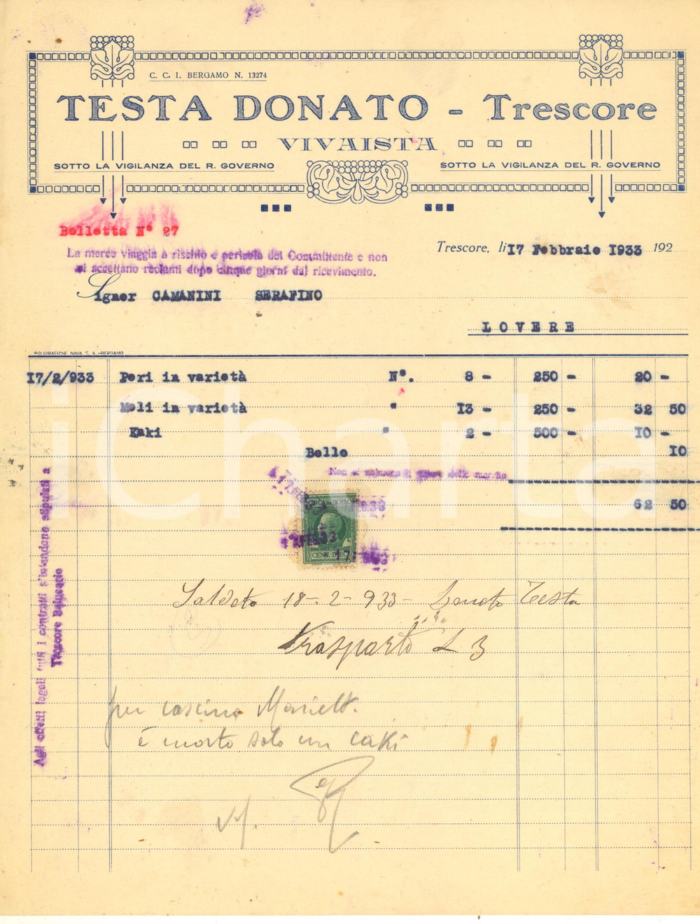 Documento originale, autentico 1933 TRESCORE BALNEARIO  Donato TESTA vivaista  Fattura peri e meli 1