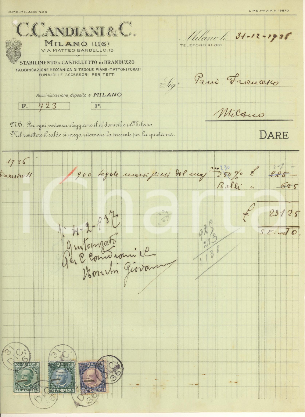 Documento originale, autentico 1936 MILANO Via Bandello 18  C. CANDIANI Fabbrica tegole e mattoni Fattura 1