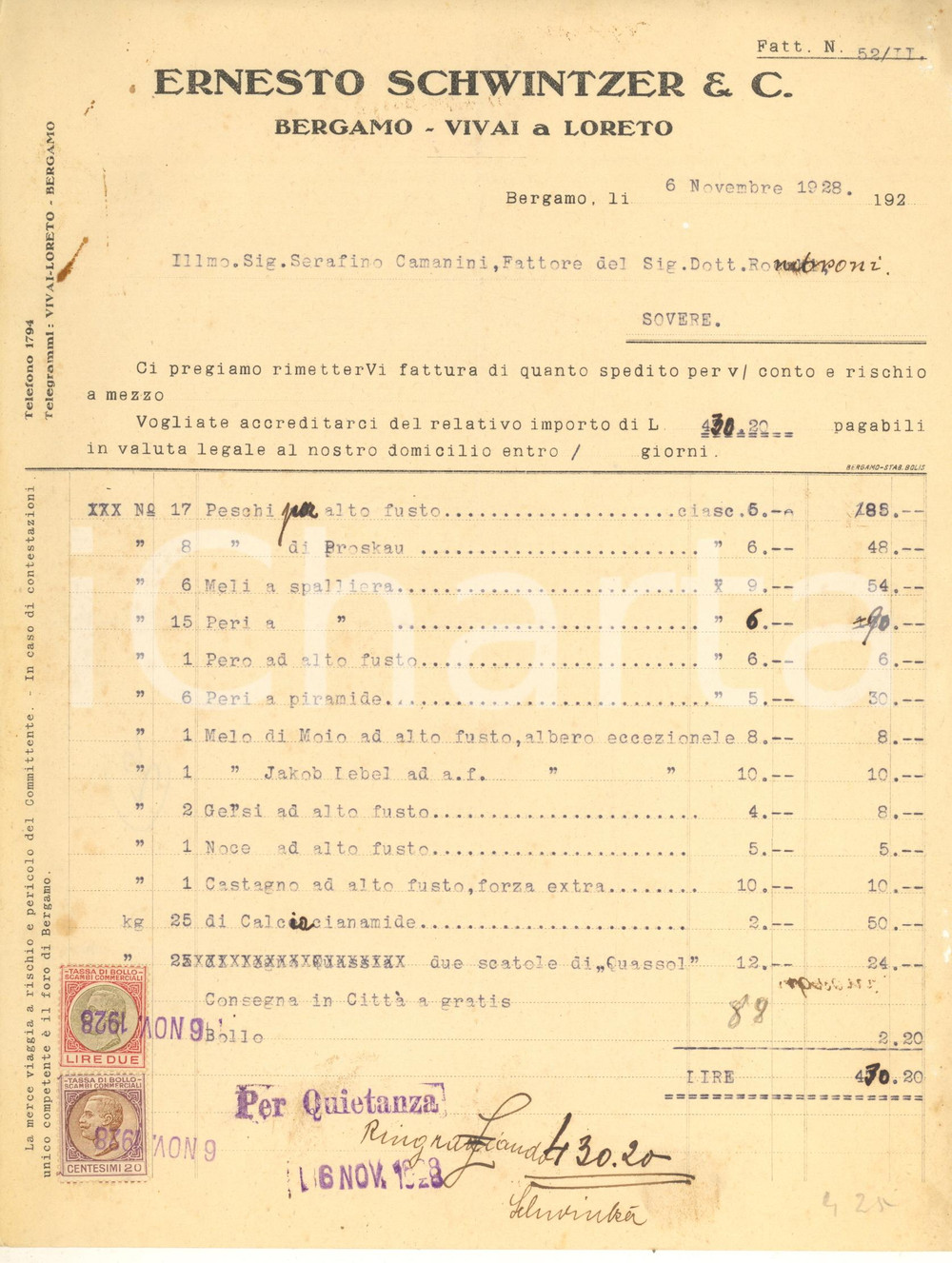 Documento originale, autentico 1928 BERGAMO Ernesto SCHWINTZER & C. Vivai  Fattura alberi da frutto 1