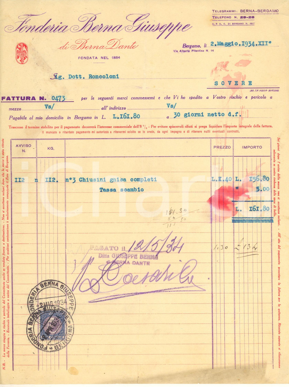 Documento originale, autentico 1934 BERGAMO Fonderia BERNA Giuseppe  Fattura chiusini ghisa 1