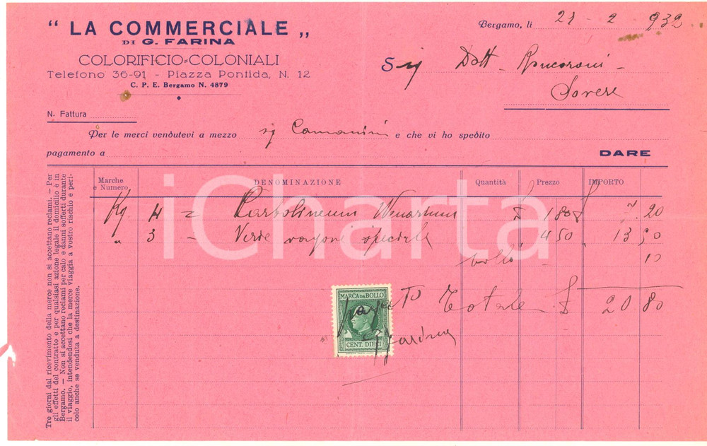 Documento originale, autentico 1932 BERGAMO  LA COMMERCIALE di G. FARINA Colorificio e coloniali  Fattura 1