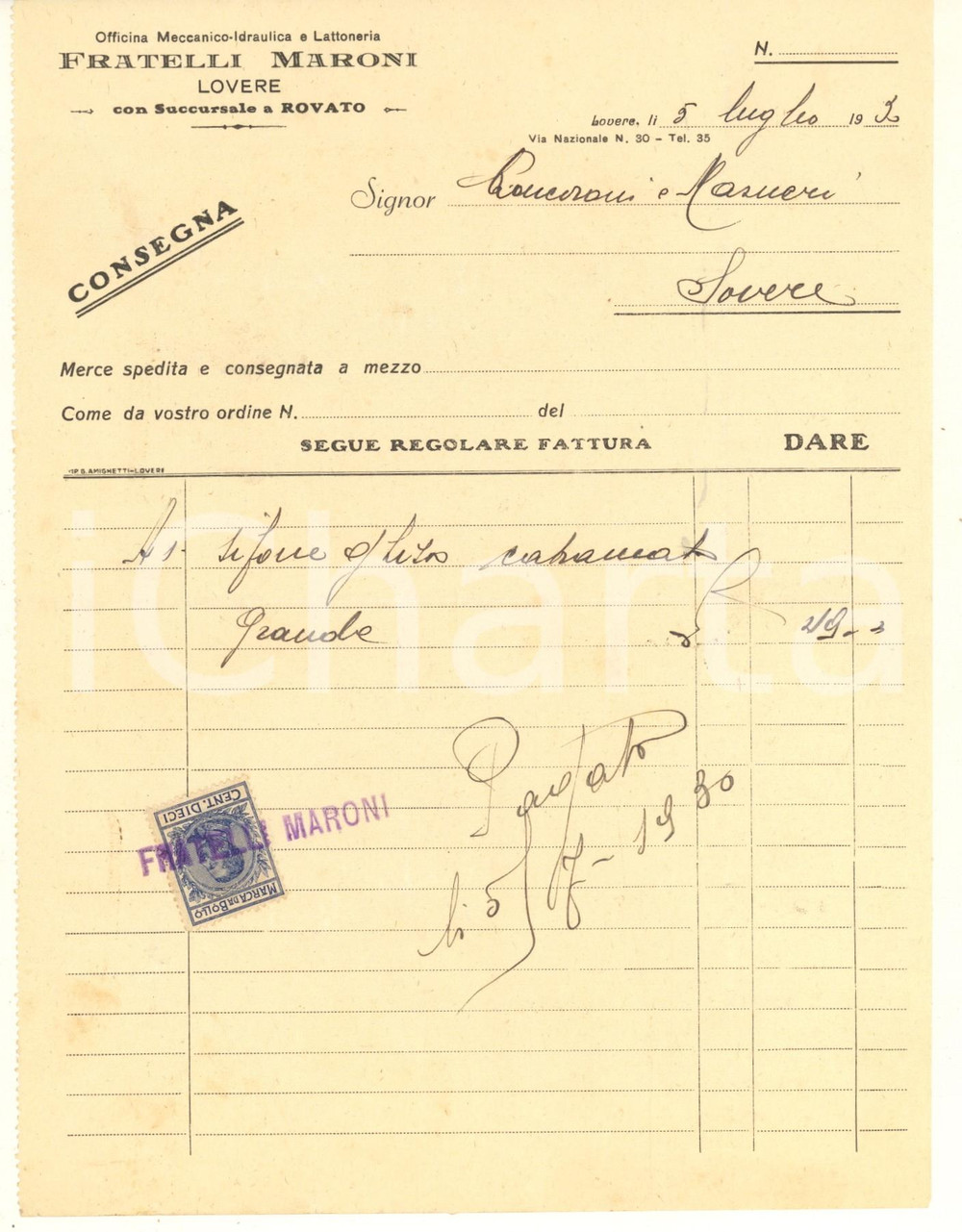 Documento originale, autentico 1930 LOVERE BG FRATELLI MARONI Officina meccanica  Bolla di consegna 1