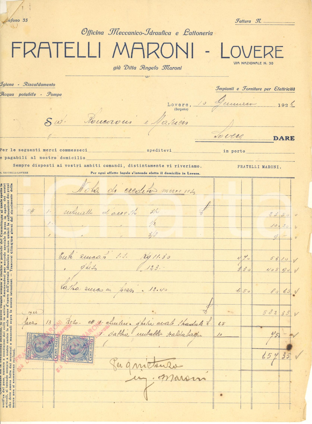 Documento originale, autentico 1926 LOVERE BG FRATELLI MARONI Officina meccanica  Nota di credito 1
