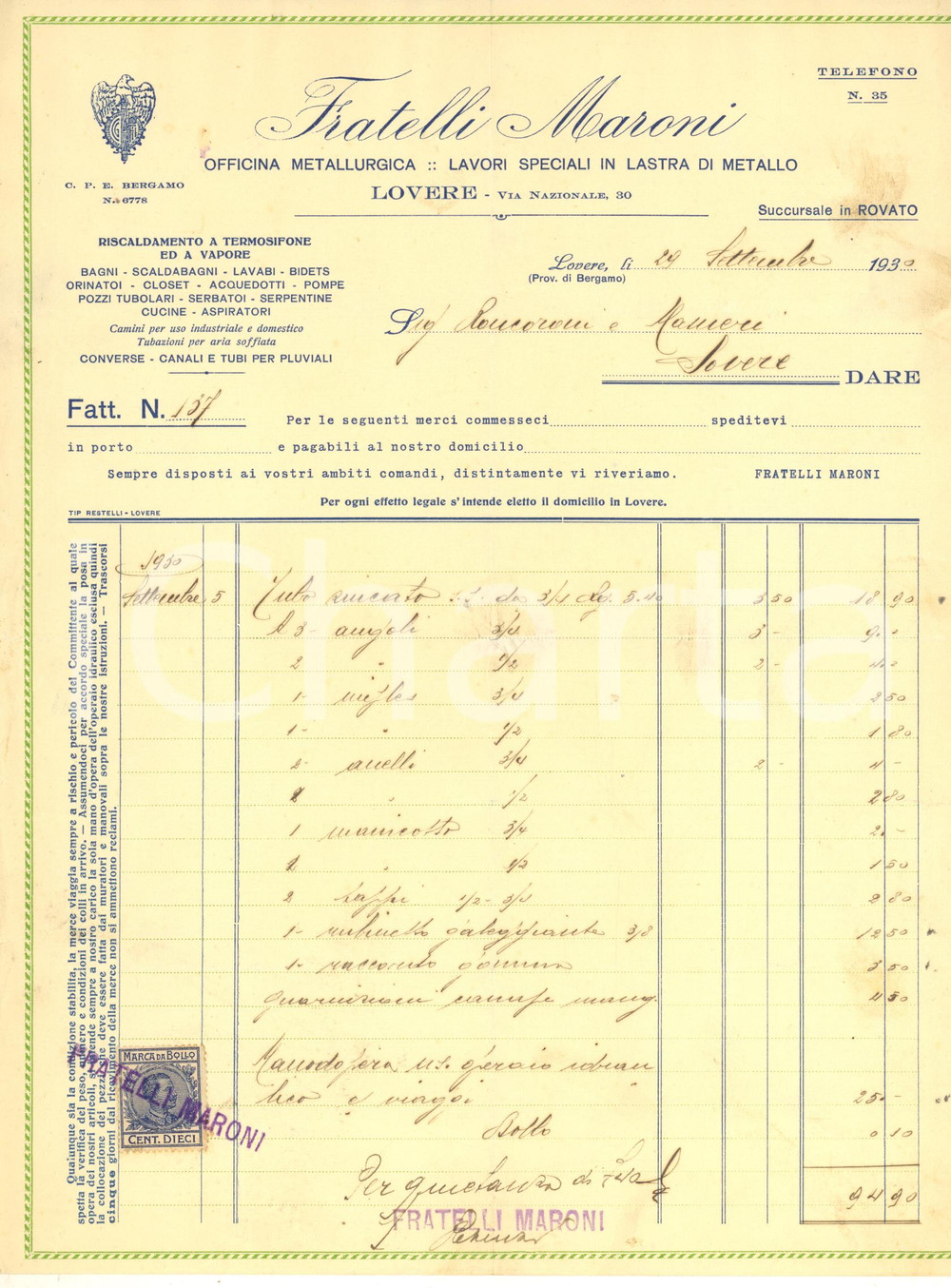 Documento originale, autentico 1930 LOVERE BG FRATELLI MARONI Officina metallurgica  Fattura tubi 1