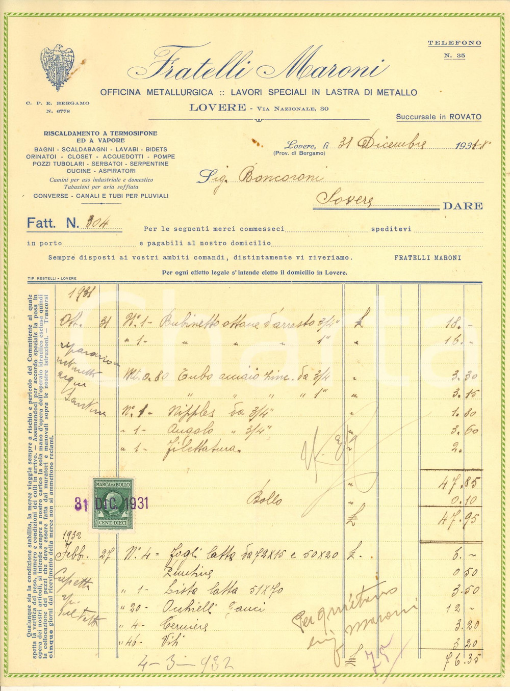 Documento originale, autentico 1931 LOVERE BG FRATELLI MARONI Officina metallurgica  Fattura tubi 1