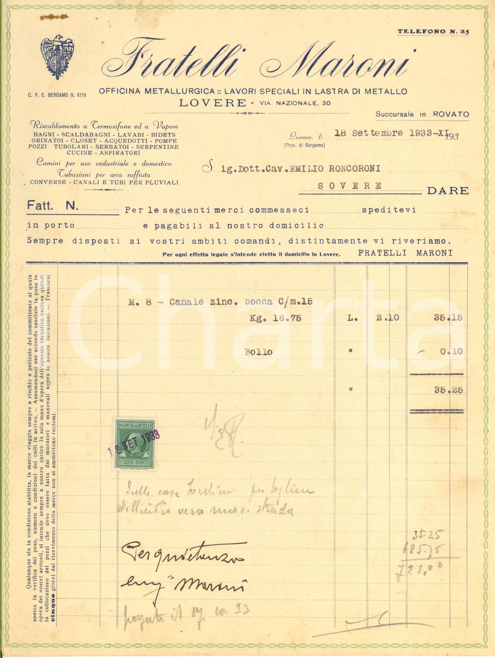 Documento originale, autentico 1933 LOVERE BG FRATELLI MARONI Officina metallurgica  Fattura canale 1