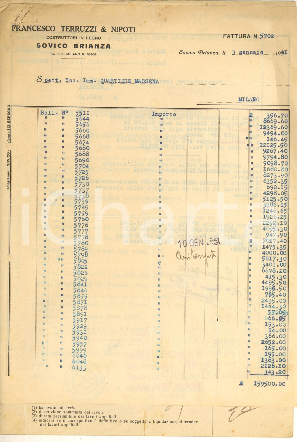 Documento originale, autentico 1941 SOVICO BRIANZA Francesco TERUZZI  Costruttori legno  Appalto e riepilogo 1
