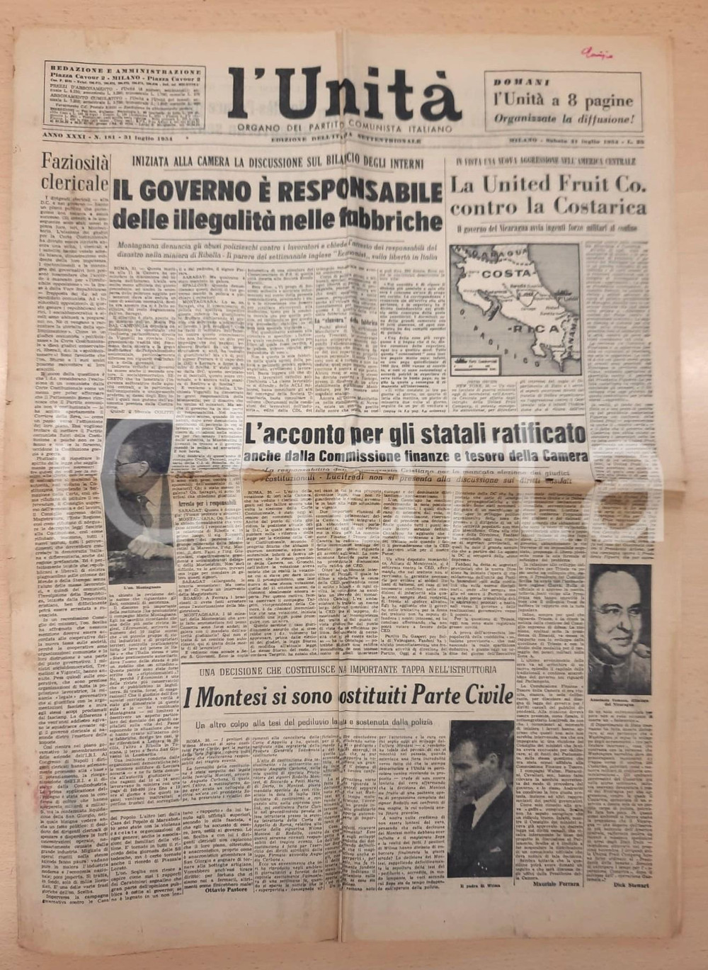 Giornale, rivista storica 1954 L UNITA  United Fruit Co. contro il Costarica  Illegalità nelle fabbriche 1