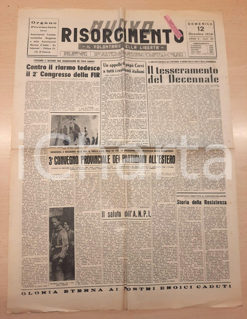 Giornale, rivista storica 1954 REGGIO EMILIA  NUOVO RISORGIMENTO Convegno Partigiani all Estero 1