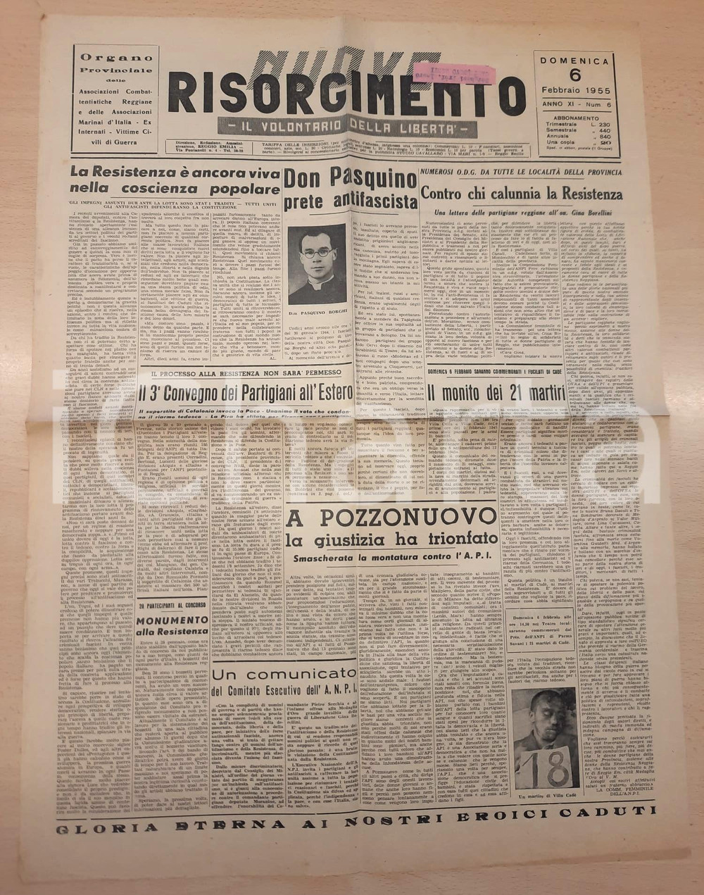 Giornale, rivista storica 1955 REGGIO EMILIA  NUOVO RISORGIMENTO Don Pasquino BORGHI prete antifascista 1