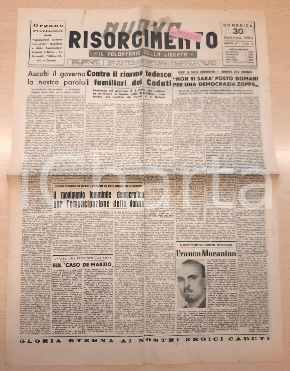 Giornale, rivista storica 1955 NUOVO RISORGIMENTO Contro il riarmo tedesco i familiari dei caduti 1