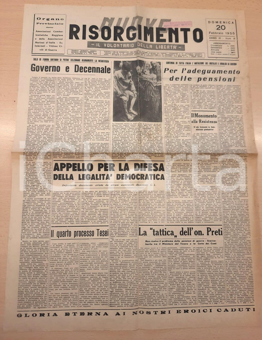 Giornale, rivista storica 1955 NUOVO RISORGIMENTO Mutilati e invalidi di guerra pro adeguamento pensioni 1