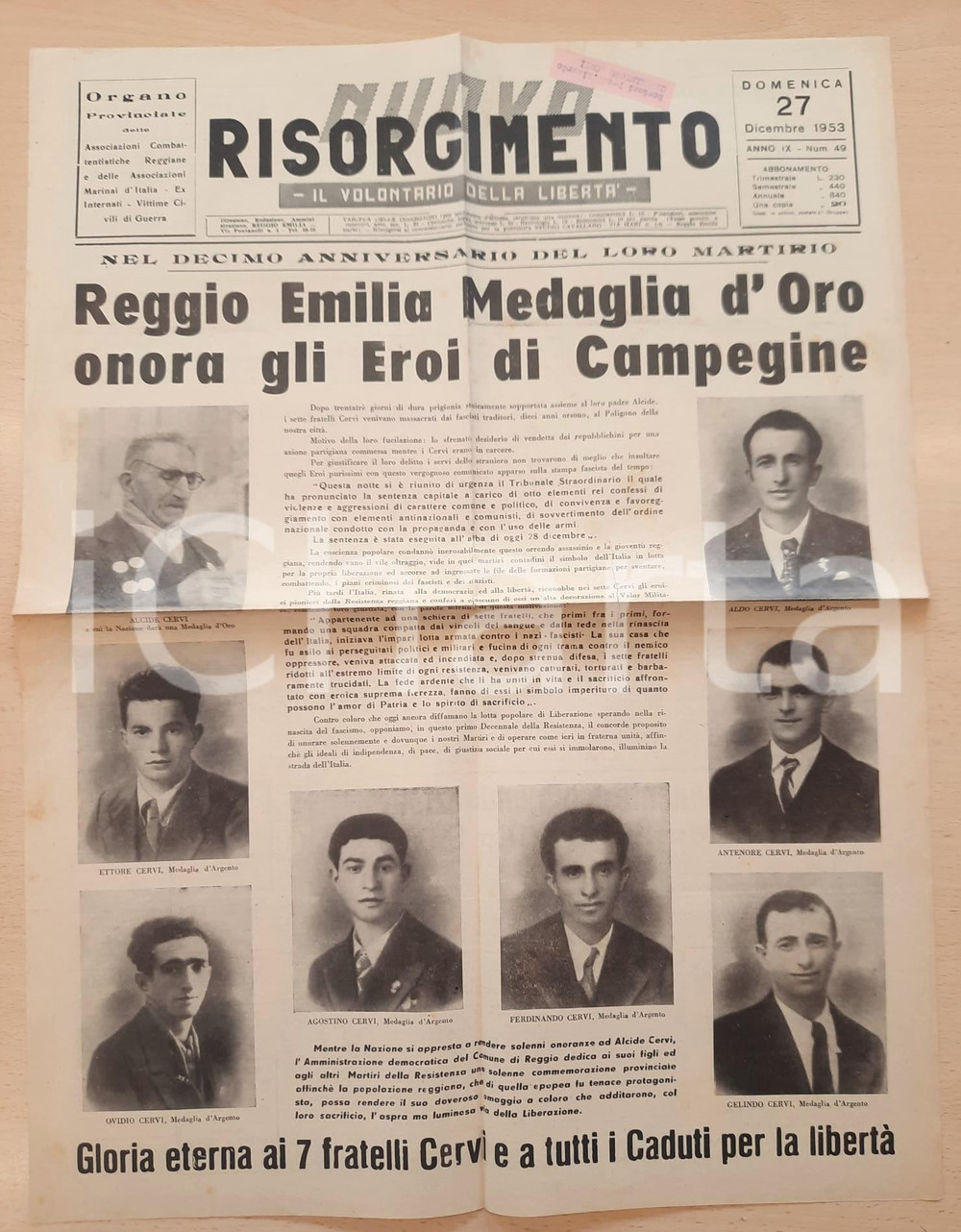 Giornale, rivista storica 1953 REGGIO EMILIA  NUOVO RISORGIMENTO 10° anniversario martirio fratelli CERVI 1