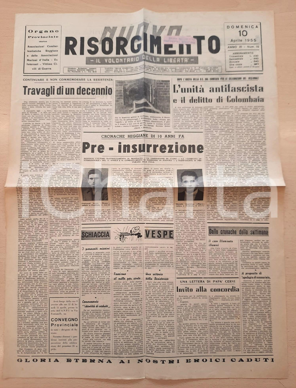 Giornale, rivista storica 1955 REGGIO EMILIA NUOVO RISORGIMENTO Unità antifascista e delitto di Colombaia 1