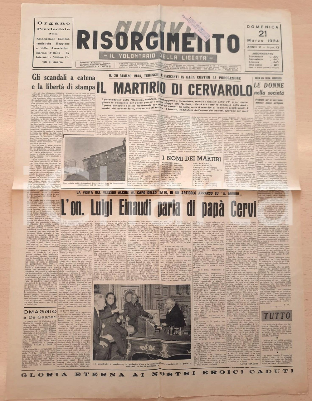 Giornale, rivista storica 1954 NUOVO RISORGIMENTO Martirio di Cervarolo  Luigi Einaudi e Alcide Cervi 1