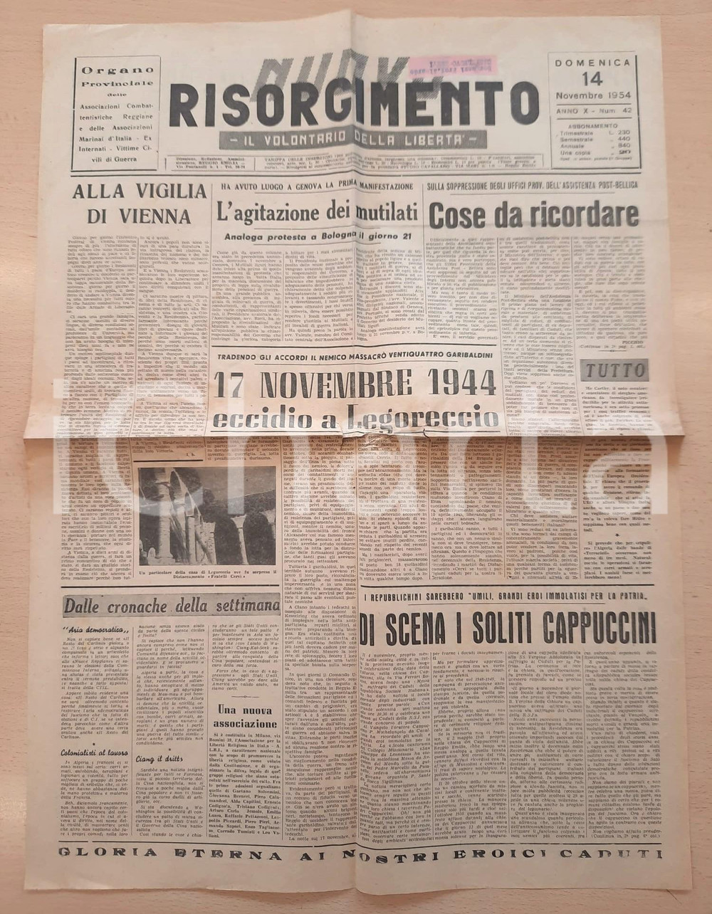 Giornale, rivista storica 1954 NUOVO RISORGIMENTO Eccidio di Lagoreccio 1944  Mutilati in agitazione 1